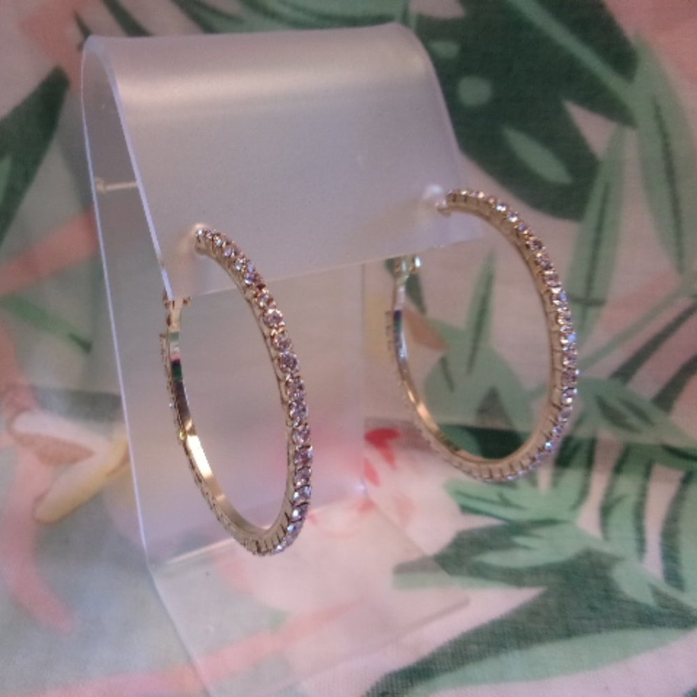 Gold Tone Rhinestone Hoop Pierced Earrings